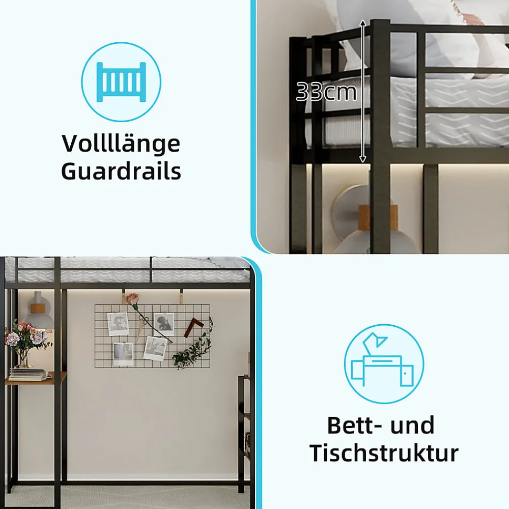 Lit Mezzanine 90x200 cm - Lit Enfant Metal avec Bureau en L, Garde-Corps et Échelle Réversible, Noir, sans Matelas>Okwish Online