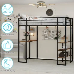 Lit Mezzanine 90x200 cm - Lit Enfant Metal avec Bureau en L, Garde-Corps et Échelle Réversible, Noir, sans Matelas><noscript><img width=