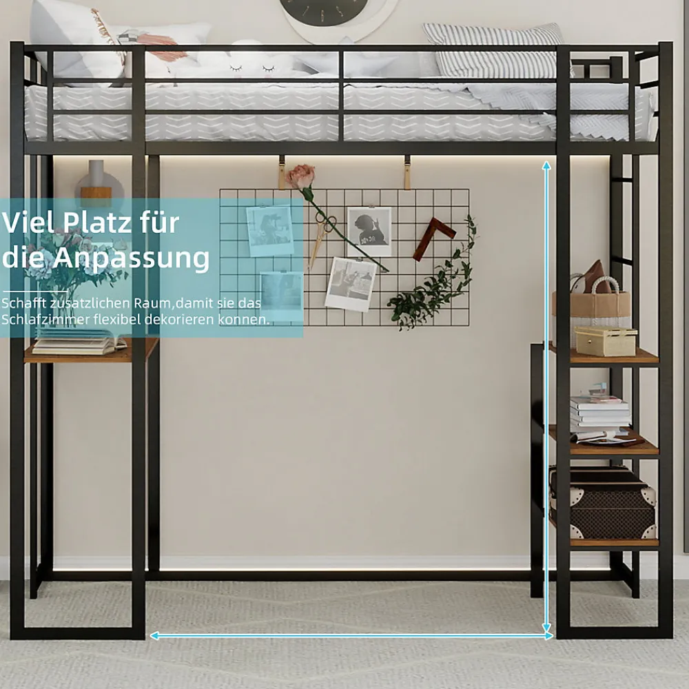 Lit Mezzanine 90x200 cm - Lit Enfant Metal avec Bureau en L, Garde-Corps et Échelle Réversible, Noir, sans Matelas>Okwish Online