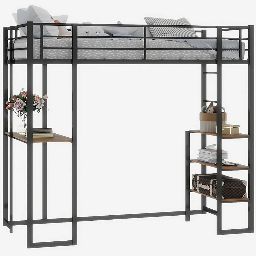 Lit Mezzanine 90x200 cm - Lit Enfant Metal avec Bureau en L, Garde-Corps et Échelle Réversible, Noir, sans Matelas>Okwish Online
