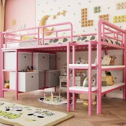 Lit Mezzanine 90x200 cm - Lit Enfant avec Tiroirs et Étagères, Angles Arrondis - Sans Matelas - Métal et MDF - Rose>Okwish Sale