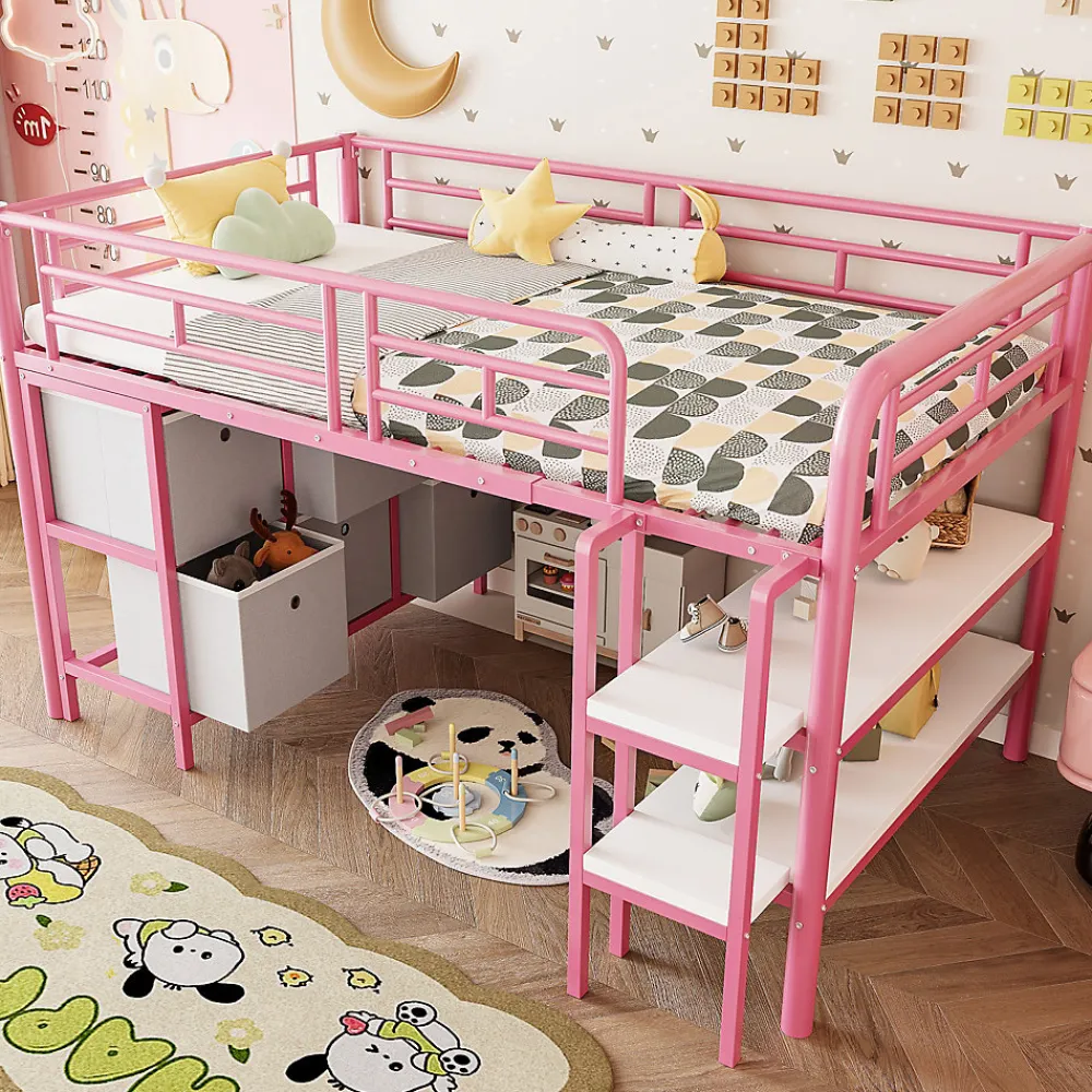 Lit Mezzanine 90x200 cm - Lit Enfant avec Tiroirs et Étagères, Angles Arrondis - Sans Matelas - Métal et MDF - Rose>Okwish Sale