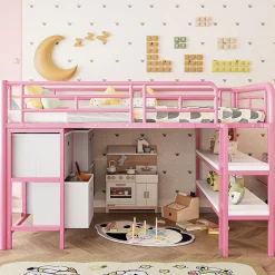 Lit Mezzanine 90x200 cm - Lit Enfant avec Tiroirs et Étagères, Angles Arrondis - Sans Matelas - Métal et MDF - Rose><noscript><img width=