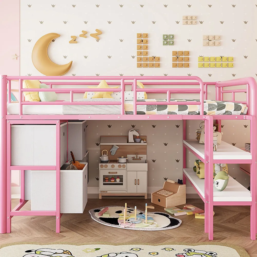 Lit Mezzanine 90x200 cm - Lit Enfant avec Tiroirs et Étagères, Angles Arrondis - Sans Matelas - Métal et MDF - Rose>Okwish Sale