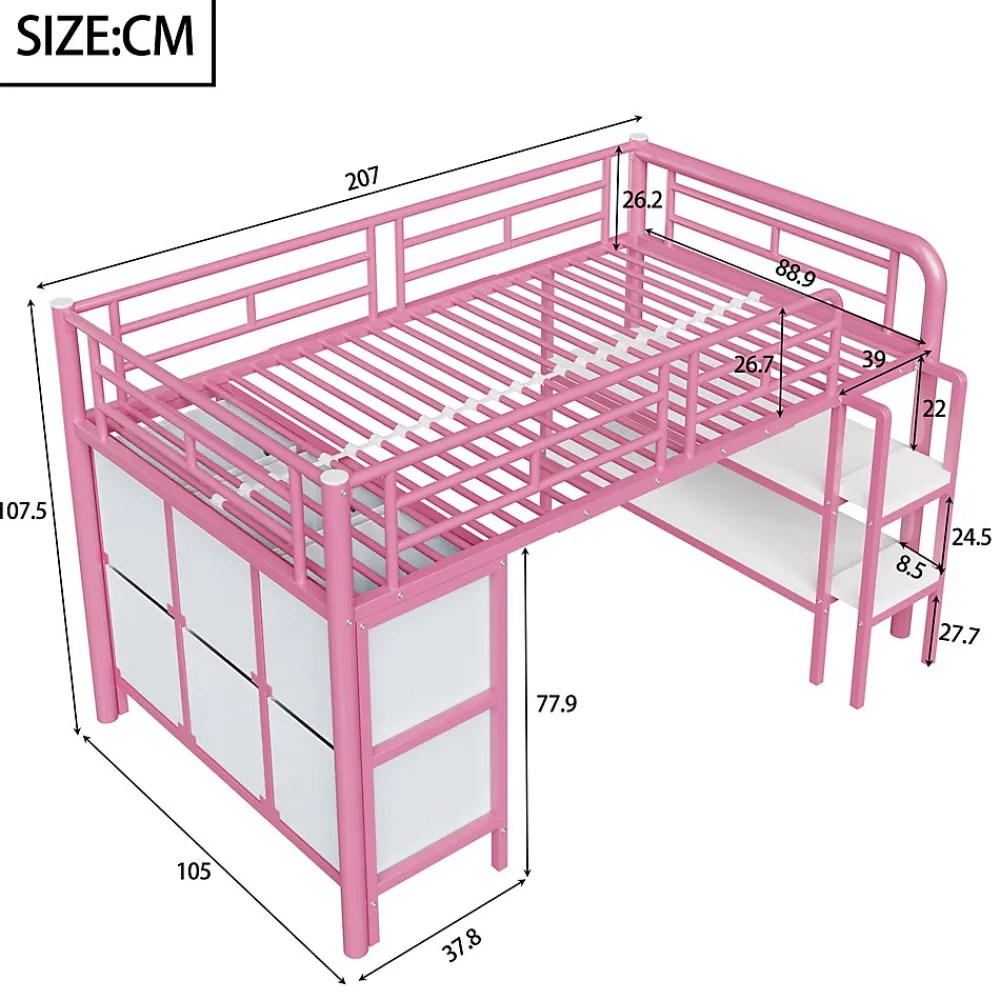 Lit Mezzanine 90x200 cm - Lit Enfant avec Tiroirs et Étagères, Angles Arrondis - Sans Matelas - Métal et MDF - Rose>Okwish Sale