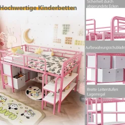 Lit Mezzanine 90x200 cm - Lit Enfant avec Tiroirs et Étagères, Angles Arrondis - Sans Matelas - Métal et MDF - Rose><noscript><img width=
