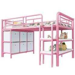 Lit Mezzanine 90x200 cm - Lit Enfant avec Tiroirs et Étagères, Angles Arrondis - Sans Matelas - Métal et MDF - Rose><noscript><img width=
