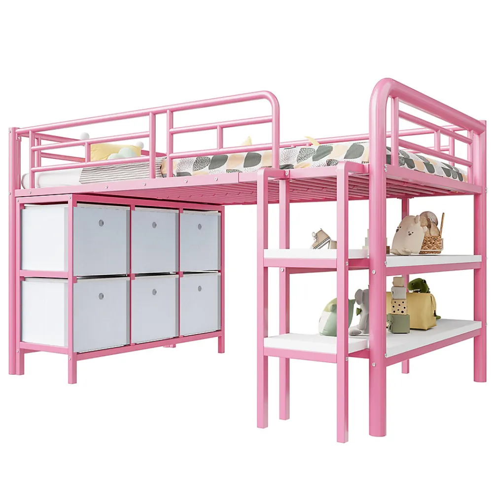 Lit Mezzanine 90x200 cm - Lit Enfant avec Tiroirs et Étagères, Angles Arrondis - Sans Matelas - Métal et MDF - Rose>Okwish Sale