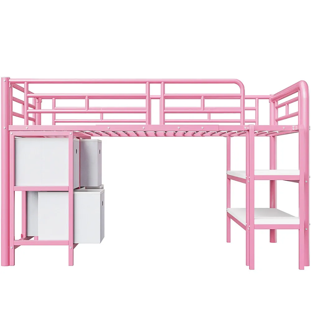 Lit Mezzanine 90x200 cm - Lit Enfant avec Tiroirs et Étagères, Angles Arrondis - Sans Matelas - Métal et MDF - Rose>Okwish Sale