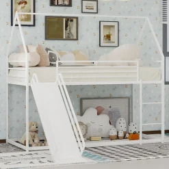 Lit Mezzanine 90x190 cm - Lit Enfant Simple Style Cabane avec Toboggan et Échelle Sécurisée - en Fer - sans Matelas - Blanc>Okwish Sale