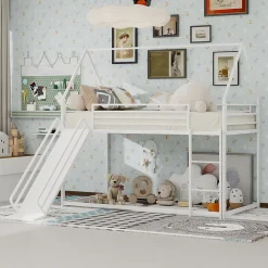 Lit Mezzanine 90x190 cm - Lit Enfant Simple Style Cabane avec Toboggan et Échelle Sécurisée - en Fer - sans Matelas - Blanc>Okwish Sale
