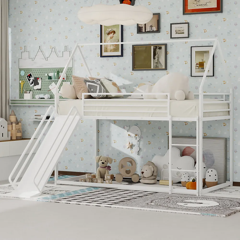 Lit Mezzanine 90x190 cm - Lit Enfant Simple Style Cabane avec Toboggan et Échelle Sécurisée - en Fer - sans Matelas - Blanc>Okwish Sale