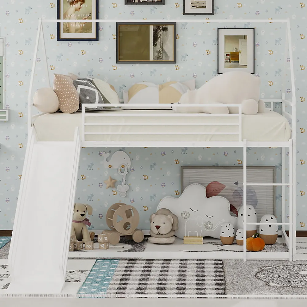 Lit Mezzanine 90x190 cm - Lit Enfant Simple Style Cabane avec Toboggan et Échelle Sécurisée - en Fer - sans Matelas - Blanc>Okwish Sale