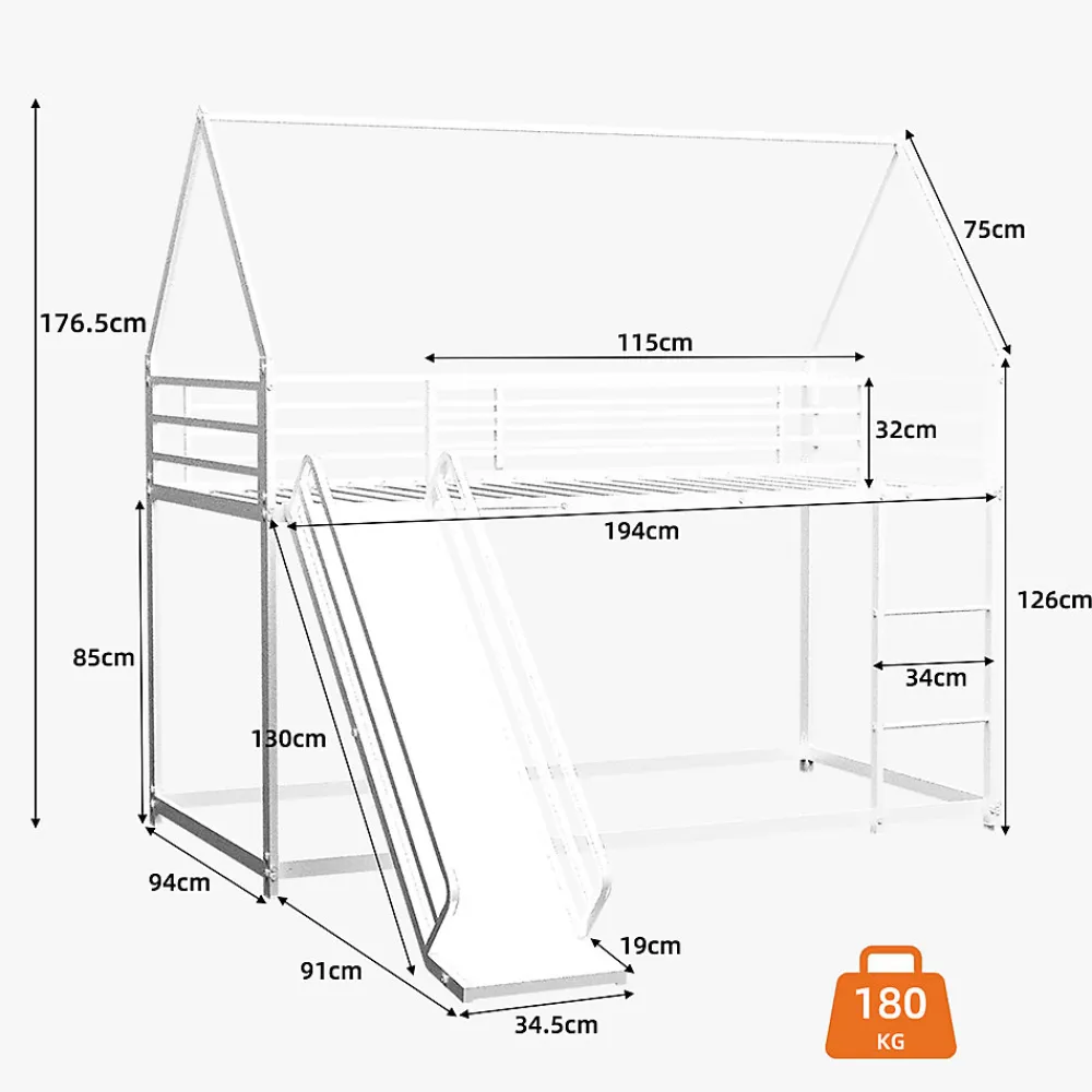 Lit Mezzanine 90x190 cm - Lit Enfant Simple Style Cabane avec Toboggan et Échelle Sécurisée - en Fer - sans Matelas - Blanc>Okwish Sale