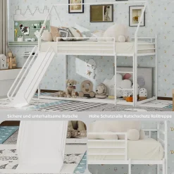 Lit Mezzanine 90x190 cm - Lit Enfant Simple Style Cabane avec Toboggan et Échelle Sécurisée - en Fer - sans Matelas - Blanc><noscript><img width=