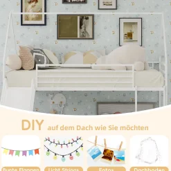 Lit Mezzanine 90x190 cm - Lit Enfant Simple Style Cabane avec Toboggan et Échelle Sécurisée - en Fer - sans Matelas - Blanc><noscript><img width=