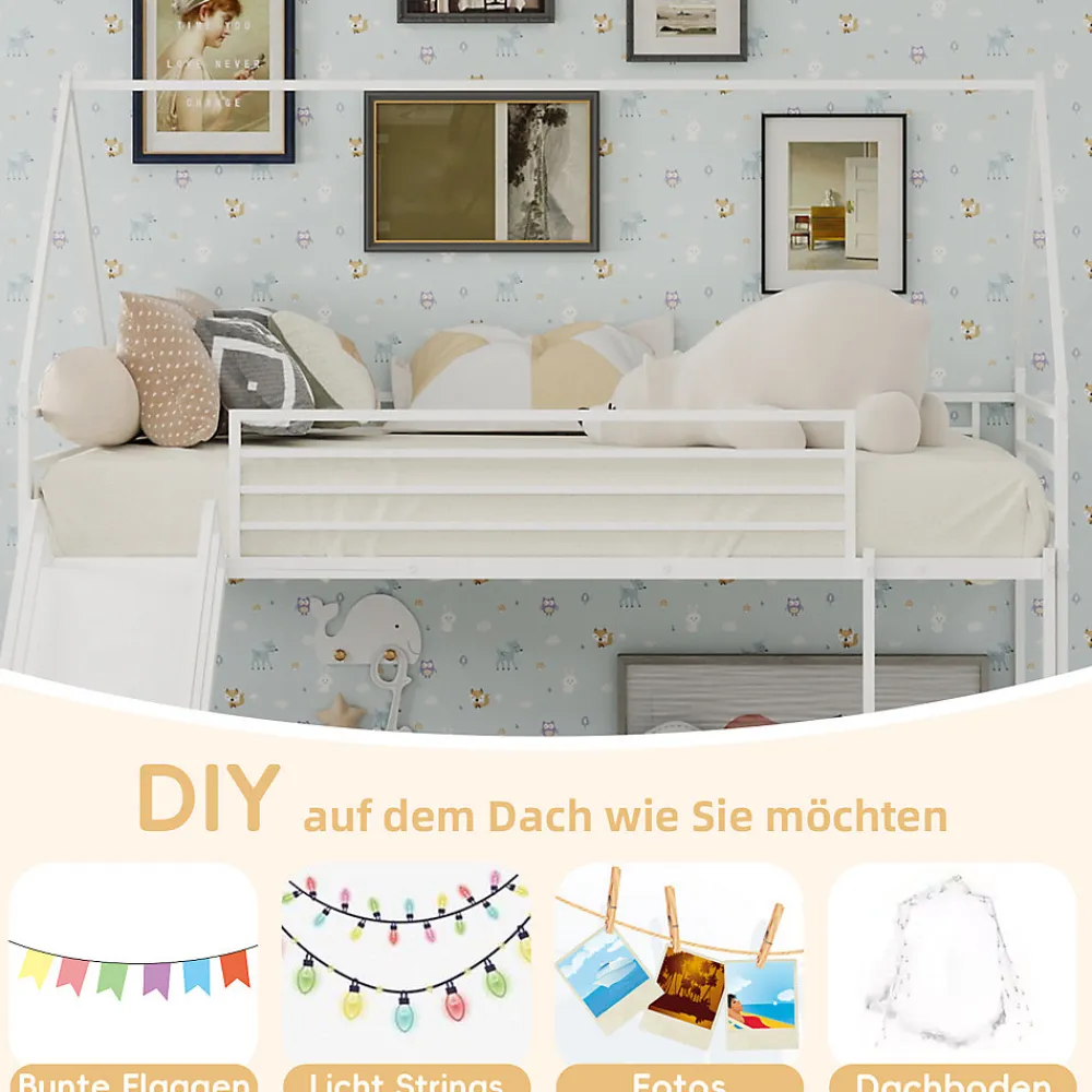 Lit Mezzanine 90x190 cm - Lit Enfant Simple Style Cabane avec Toboggan et Échelle Sécurisée - en Fer - sans Matelas - Blanc>Okwish Sale