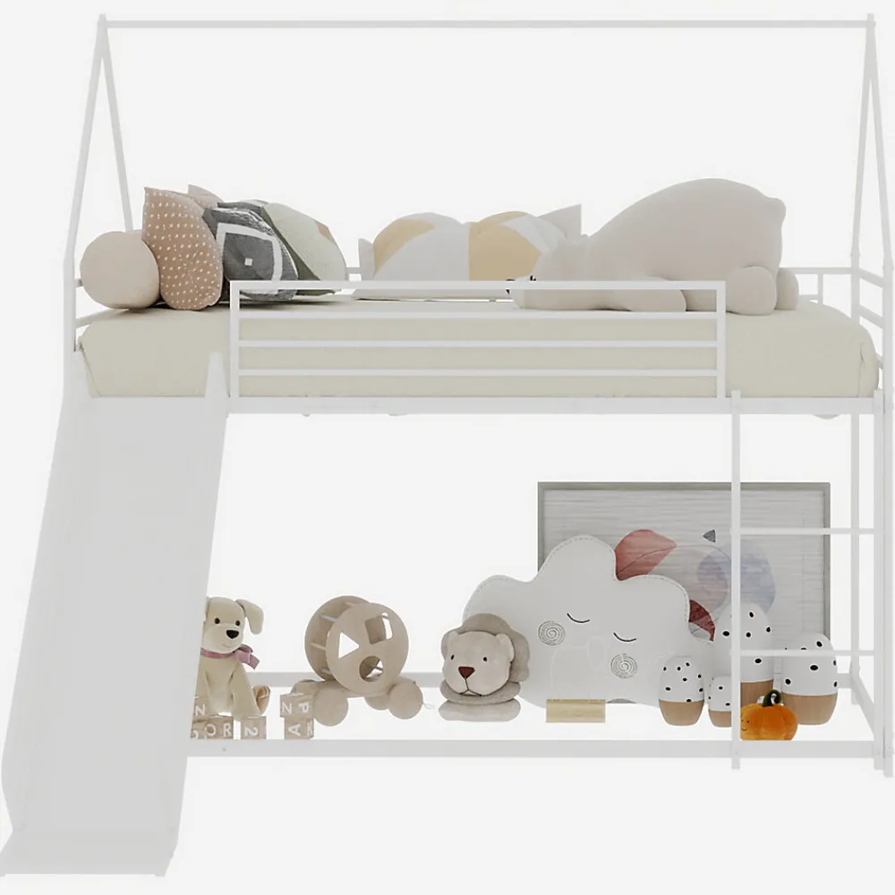 Lit Mezzanine 90x190 cm - Lit Enfant Simple Style Cabane avec Toboggan et Échelle Sécurisée - en Fer - sans Matelas - Blanc>Okwish Sale