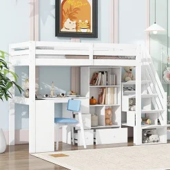 Okwish Lit Mezzanine 90x200 cm - Lit enfant avec Bureau et Rangement, Échelle, MDF - Sans Matelas - Blanc* Lit Mezzanine