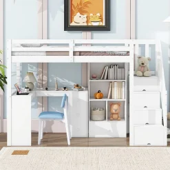 Okwish Lit Mezzanine 90x200 cm - Lit enfant avec Bureau et Rangement, Échelle, MDF - Sans Matelas - Blanc* Lit Mezzanine