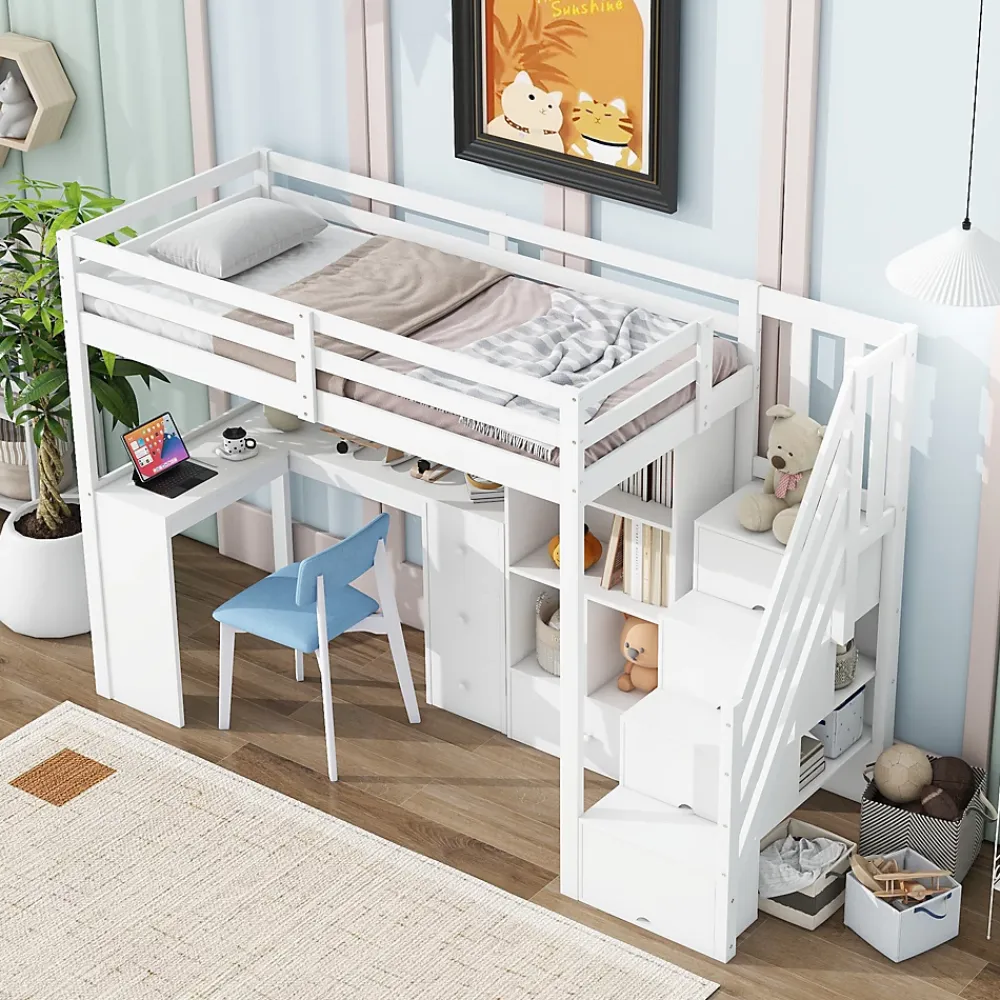 Okwish Lit Mezzanine 90x200 cm - Lit enfant avec Bureau et Rangement, Échelle, MDF - Sans Matelas - Blanc* Lit Mezzanine