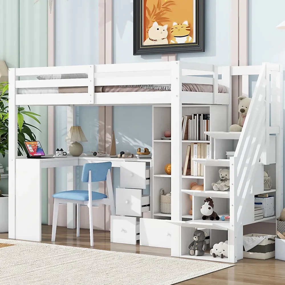 Okwish Lit Mezzanine 90x200 cm - Lit enfant avec Bureau et Rangement, Échelle, MDF - Sans Matelas - Blanc* Lit Mezzanine
