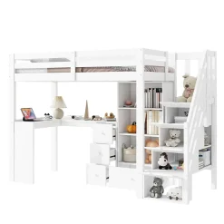 Okwish Lit Mezzanine 90x200 cm - Lit enfant avec Bureau et Rangement, Échelle, MDF - Sans Matelas - Blanc* Lit Mezzanine