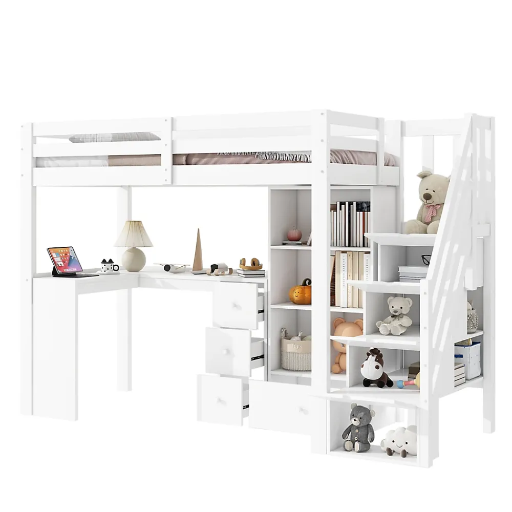 Okwish Lit Mezzanine 90x200 cm - Lit enfant avec Bureau et Rangement, Échelle, MDF - Sans Matelas - Blanc* Lit Mezzanine