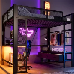 Lit Mezzanine 140x200 cm - Lit en Métal avec Bureau et Armoire ouverte, Tiroirs de Rangement, LED et USB, Sans Matelas, Noir>Okwish Clearance