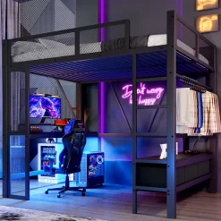 Lit Mezzanine 140x200 cm - Lit en Métal avec Bureau et Armoire ouverte, Tiroirs de Rangement, LED et USB, Sans Matelas, Noir>Okwish Clearance