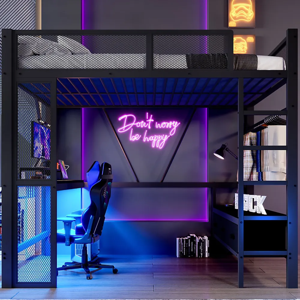 Lit Mezzanine 140x200 cm - Lit en Métal avec Bureau et Armoire ouverte, Tiroirs de Rangement, LED et USB, Sans Matelas, Noir>Okwish Clearance