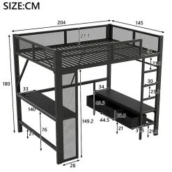 Lit Mezzanine 140x200 cm - Lit en Métal avec Bureau et Armoire ouverte, Tiroirs de Rangement, LED et USB, Sans Matelas, Noir><noscript><img width=