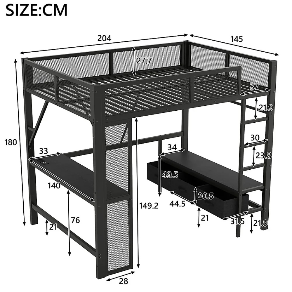 Lit Mezzanine 140x200 cm - Lit en Métal avec Bureau et Armoire ouverte, Tiroirs de Rangement, LED et USB, Sans Matelas, Noir>Okwish Clearance