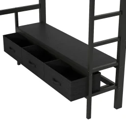 Lit Mezzanine 140x200 cm - Lit en Métal avec Bureau et Armoire ouverte, Tiroirs de Rangement, LED et USB, Sans Matelas, Noir><noscript><img width=