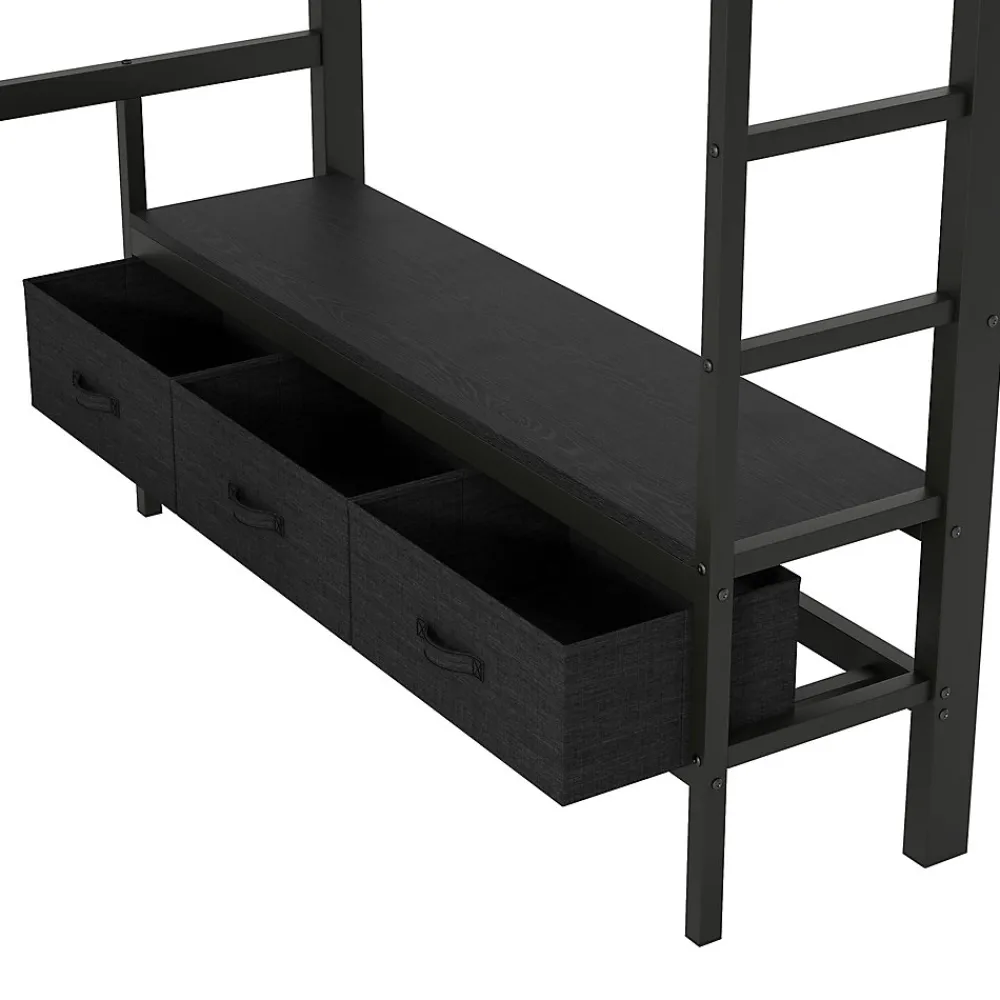 Lit Mezzanine 140x200 cm - Lit en Métal avec Bureau et Armoire ouverte, Tiroirs de Rangement, LED et USB, Sans Matelas, Noir>Okwish Clearance
