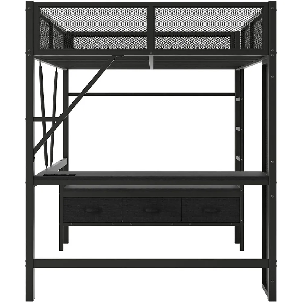 Lit Mezzanine 140x200 cm - Lit en Métal avec Bureau et Armoire ouverte, Tiroirs de Rangement, LED et USB, Sans Matelas, Noir>Okwish Clearance