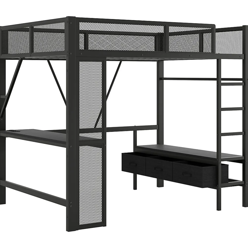 Lit Mezzanine 140x200 cm - Lit en Métal avec Bureau et Armoire ouverte, Tiroirs de Rangement, LED et USB, Sans Matelas, Noir>Okwish Clearance