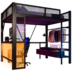 Lit Mezzanine 140x200 cm - Lit en Métal avec Bureau et Armoire ouverte, Tiroirs de Rangement, LED et USB, Sans Matelas, Noir><noscript><img width=