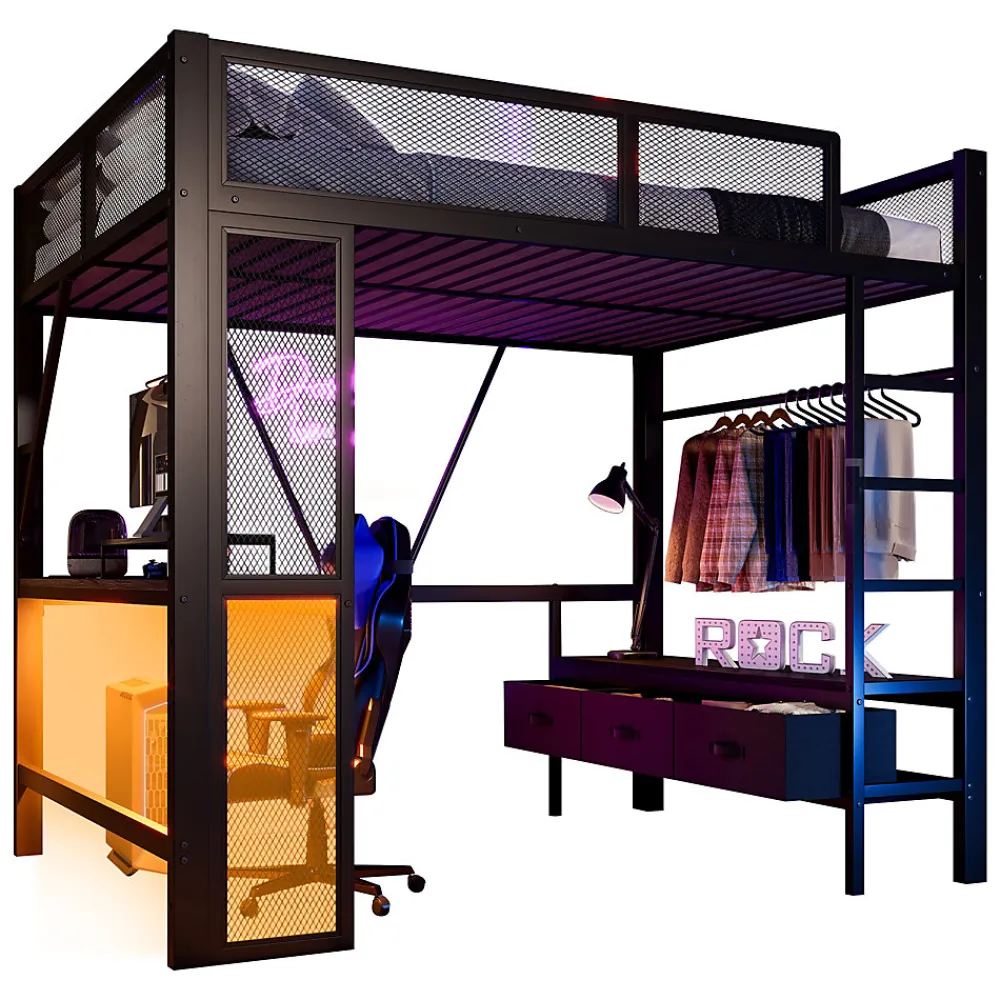 Lit Mezzanine 140x200 cm - Lit en Métal avec Bureau et Armoire ouverte, Tiroirs de Rangement, LED et USB, Sans Matelas, Noir>Okwish Clearance