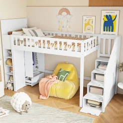 Okwish Lit Mezzanine 90x200 cm - Lit enfant avec Échelle et Rangement, Lit Combiné avec Espace de Rangement, Bois Massif - Blanc* Lit Mezzanine