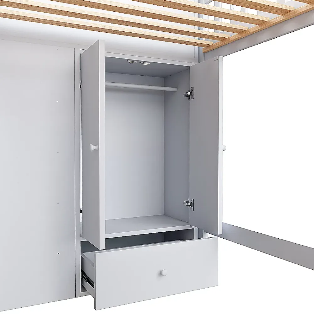 Okwish Lit Mezzanine 90x200 cm - Lit enfant avec Échelle et Rangement, Lit Combiné avec Espace de Rangement, Bois Massif - Blanc* Lit Mezzanine