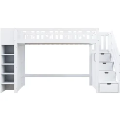 Okwish Lit Mezzanine 90x200 cm - Lit enfant avec Échelle et Rangement, Lit Combiné avec Espace de Rangement, Bois Massif - Blanc* Lit Mezzanine