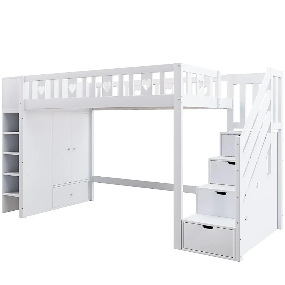 Okwish Lit Mezzanine 90x200 cm - Lit enfant avec Échelle et Rangement, Lit Combiné avec Espace de Rangement, Bois Massif - Blanc* Lit Mezzanine