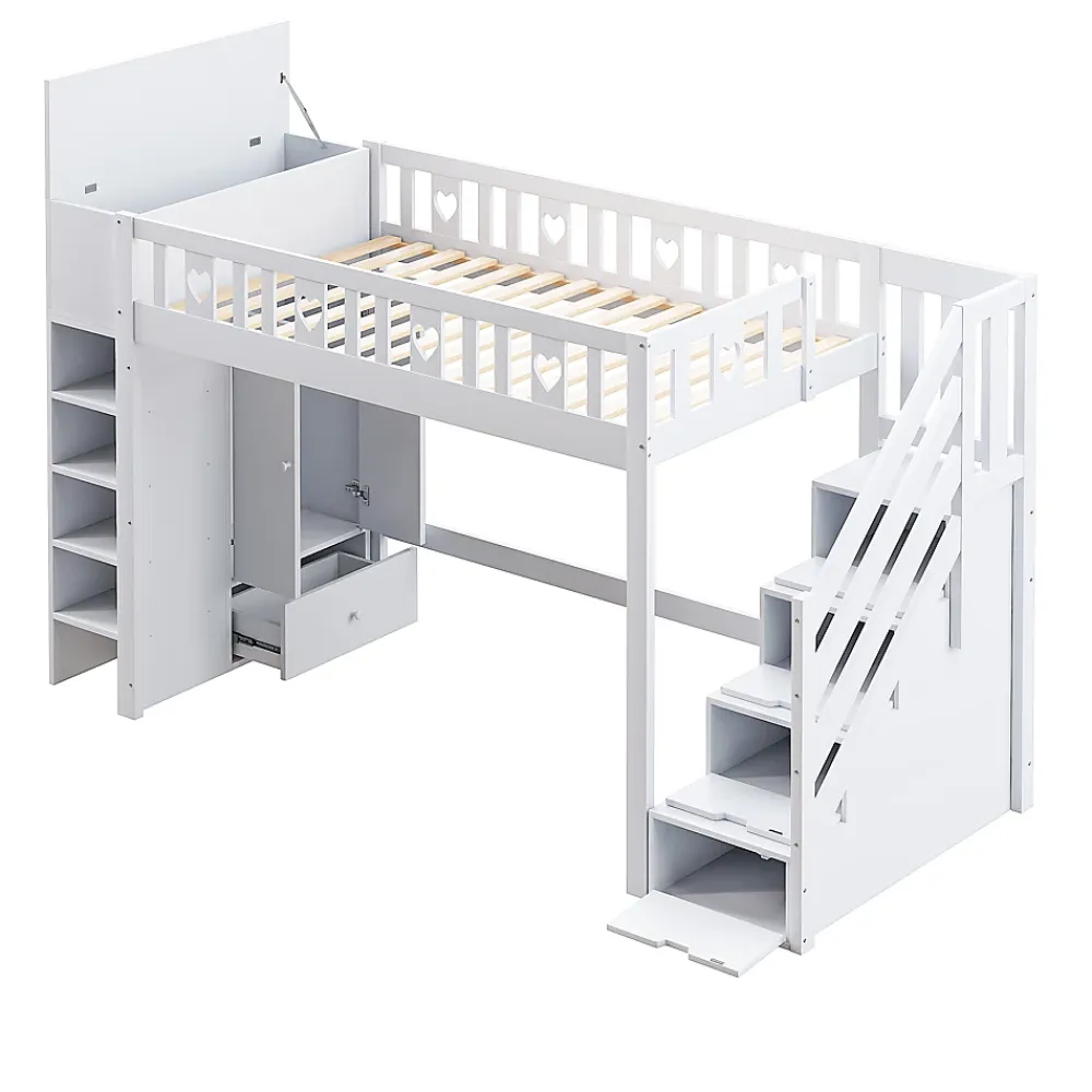 Okwish Lit Mezzanine 90x200 cm - Lit enfant avec Échelle et Rangement, Lit Combiné avec Espace de Rangement, Bois Massif - Blanc* Lit Mezzanine