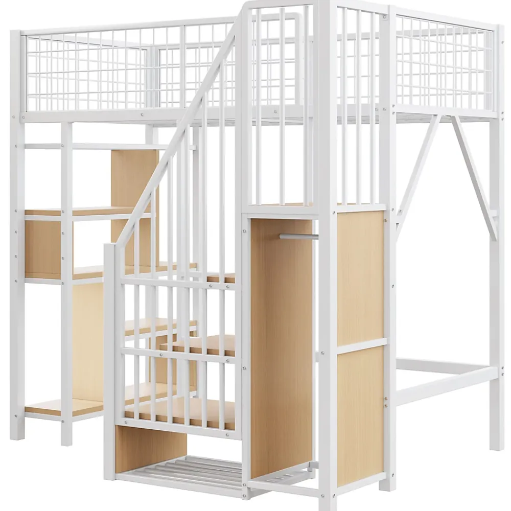 Okwish Lit Mezzanine 90x200 cm - Lit enfant et Adulte avec Rangement, Étagères et Escalier Sécurisé, Métal Blanc, Sans Matelas* Lit Mezzanine