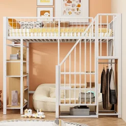 Okwish Lit Mezzanine 90x200 cm - Lit enfant et Adulte avec Rangement, Étagères et Escalier Sécurisé, Métal Blanc, Sans Matelas* Lit Mezzanine