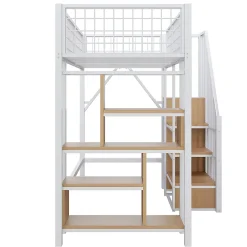 Okwish Lit Mezzanine 90x200 cm - Lit enfant et Adulte avec Rangement, Étagères et Escalier Sécurisé, Métal Blanc, Sans Matelas* Lit Mezzanine