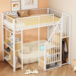 Okwish Lit Mezzanine 90x200 cm - Lit enfant et Adulte avec Rangement, Étagères et Escalier Sécurisé, Métal Blanc, Sans Matelas* Lit Mezzanine