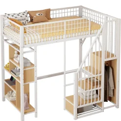 Okwish Lit Mezzanine 90x200 cm - Lit enfant et Adulte avec Rangement, Étagères et Escalier Sécurisé, Métal Blanc, Sans Matelas* Lit Mezzanine