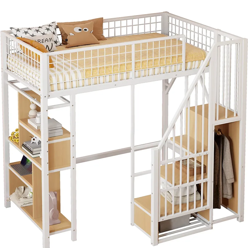 Okwish Lit Mezzanine 90x200 cm - Lit enfant et Adulte avec Rangement, Étagères et Escalier Sécurisé, Métal Blanc, Sans Matelas* Lit Mezzanine